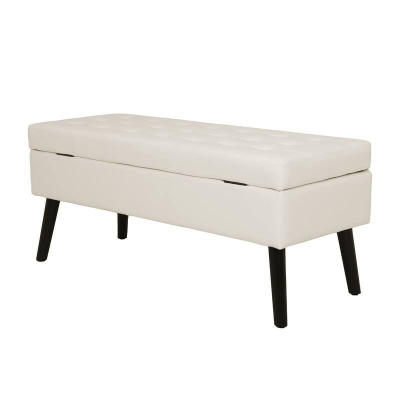 PU Upholstered Storage Ottoman Bench with Solid Wood Legs