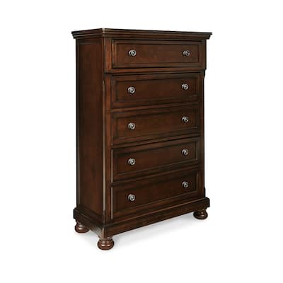 Fray 58 Inch 5 Drawer Classic Tall Dresser Chest, Brown Wood, Bun Feet