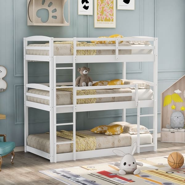 slide 2 of 9, Twin over Twin over Twin Triple Bunk Bed,Clean Silhouette and Elegant Tones,High Quality Safety Design White