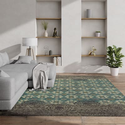Timeo Hand Knot Oriental Area Rug, Teal Green/Coffee Brown