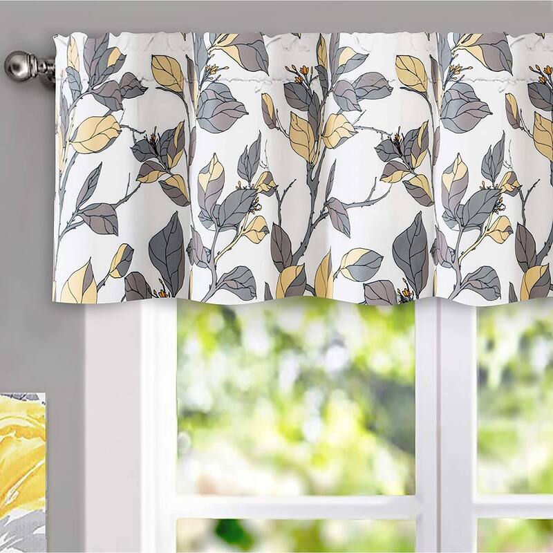 DriftAway Ryan Sketch Flower Floral Branch Leaves Lined Window Curtain Valance - 52'' width x 14'' length - Yellow Grey