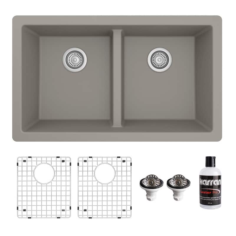 Karran 32" Undermount Double Equal Bowl Quartz Kitchen Sink Kit - 32" x 19.5" x 9"