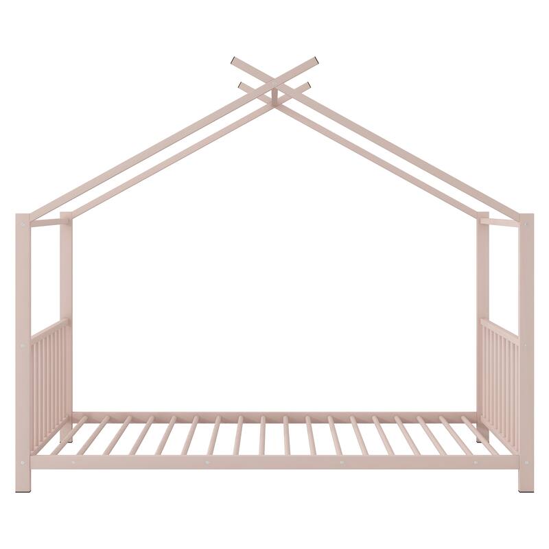 Roomfitters Twin Size House Bed, Modern Metal Floor Bed Frame with Roof, Sleek Scandi Style Sleep Space, Pink