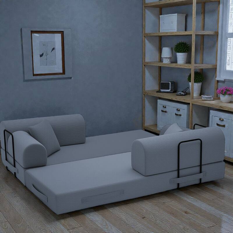 Convertible Sleeper Sofa Bed, 4-in-1 Corduroy Folding Floor Couch with Cylindrical Pillow, 2-Seat Space-Saving Lounge Sofa