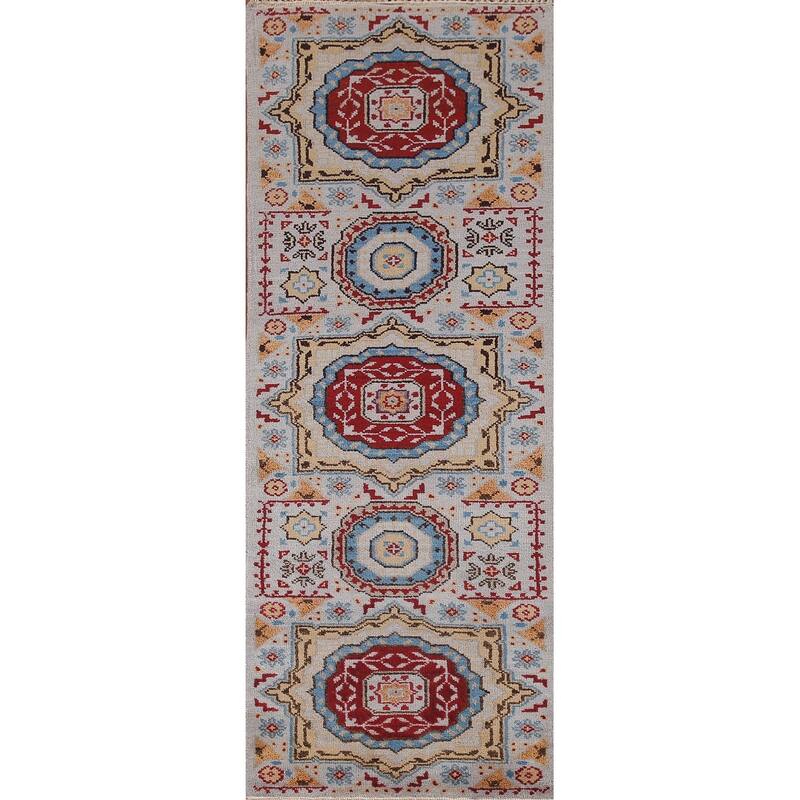 Geometric Kazak Indian Runner Rug Handmade Wool Carpet - 2'6"x 7'11"