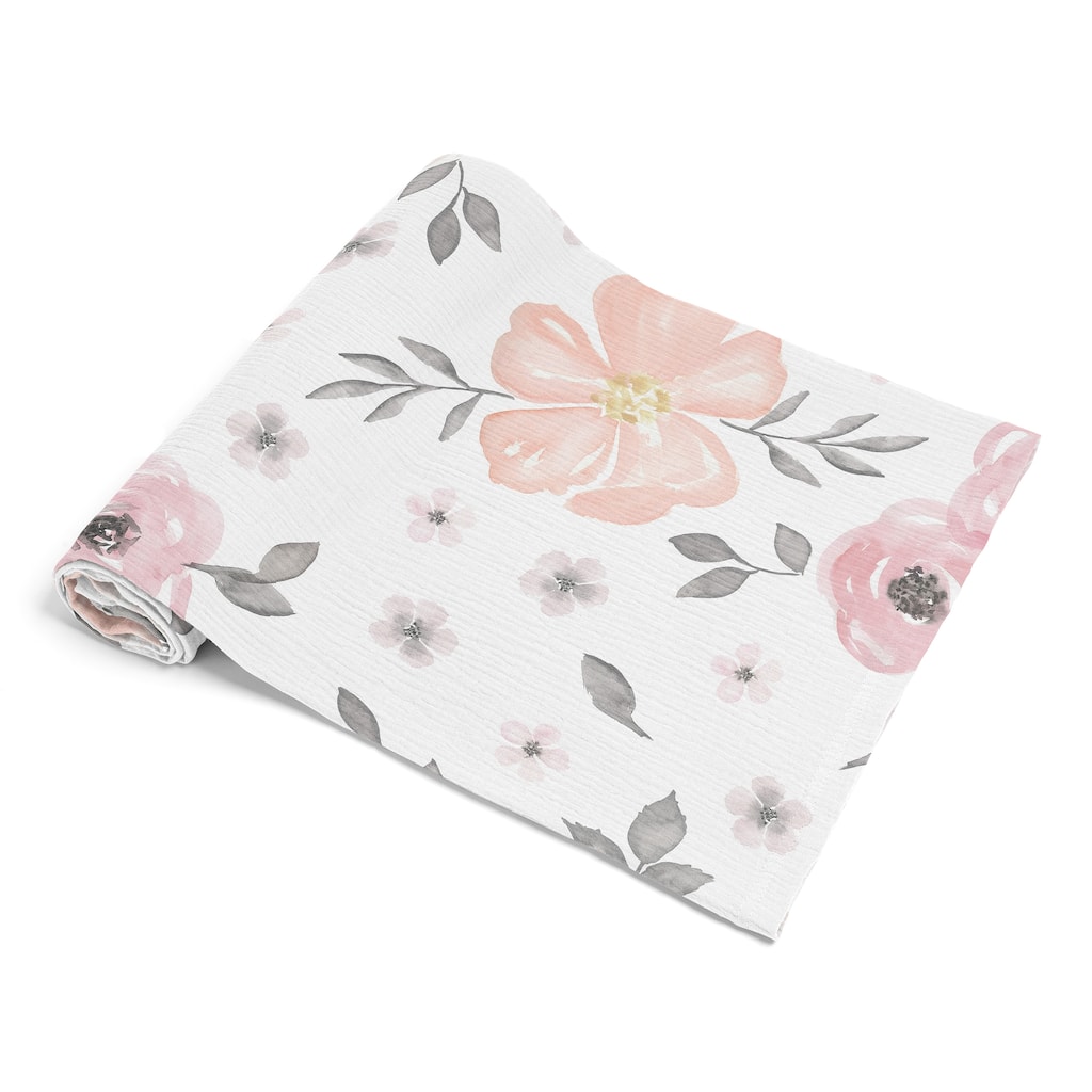 Sweet Jojo Designs Pink/Grey Watercolor Floral Pink Girl 100% Cotton Muslin Baby Swaddle Receiving Blanket-Shabby Chic Farmhouse