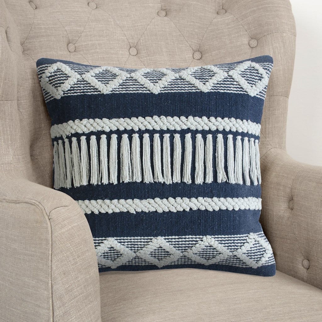 Handwoven Geometric Textured Square Throw Pillow - 20" - Blue and Cream