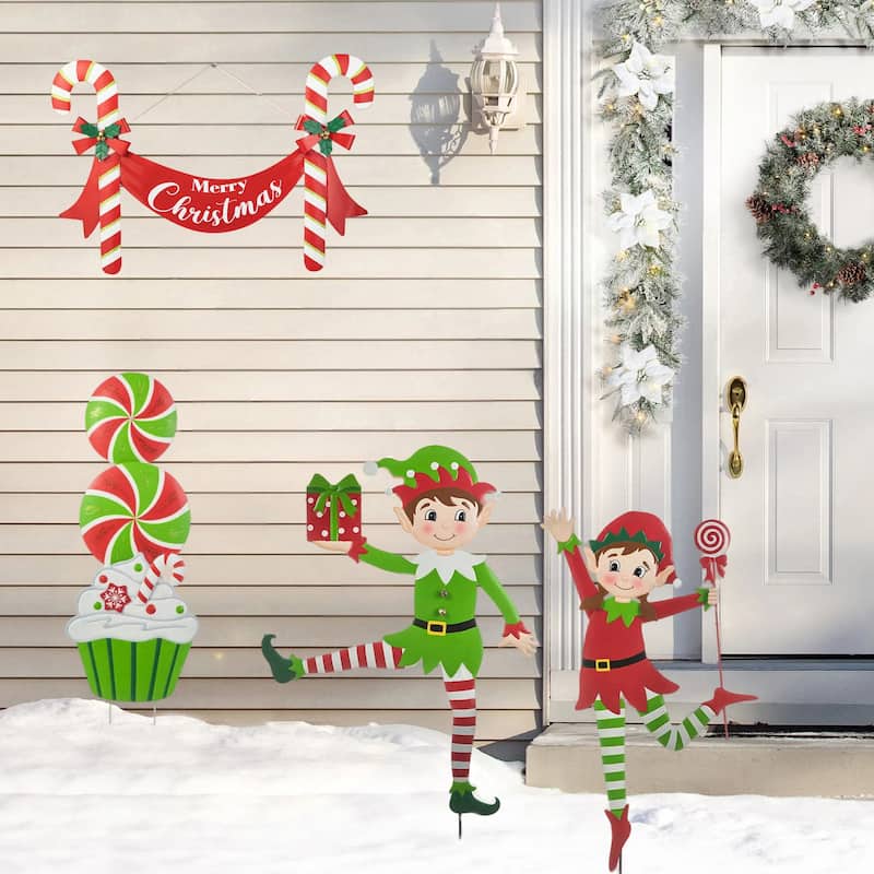 Glitzhome Christmas Metal Dancing Elf Cupcake Candy Cane Yard Stake Wall Decor