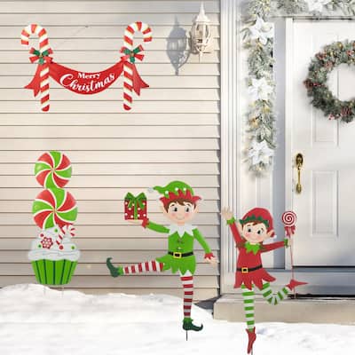 Glitzhome Christmas Metal Dancing Elf Cupcake Candy Cane Yard Stake Wall Decor