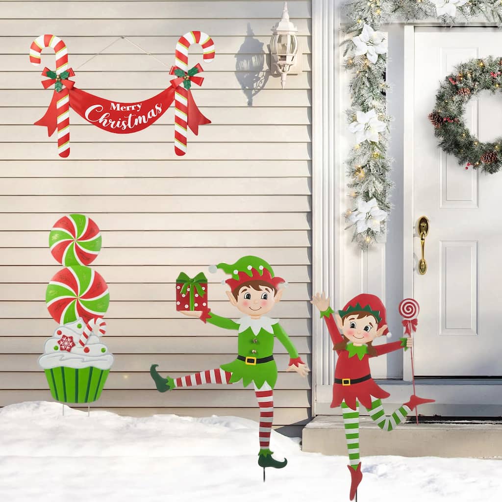 Glitzhome Christmas Metal Dancing Elf Cupcake Candy Cane Yard Stake Wall Decor