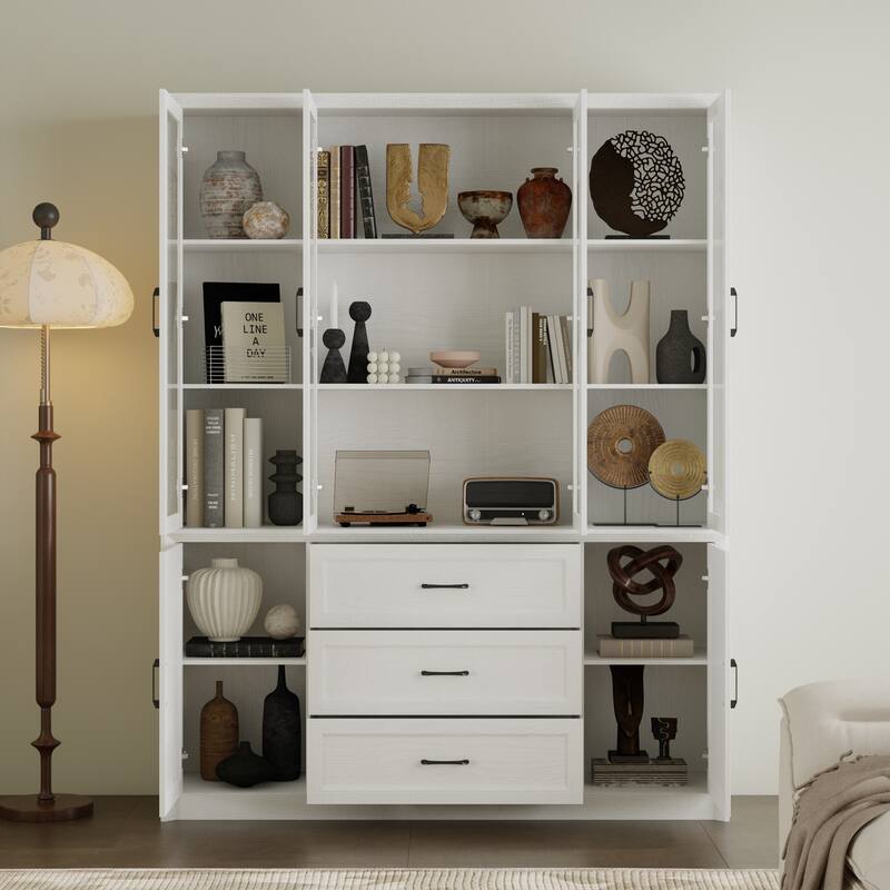 Pantry Cabinet Sideboard with Tempered Glass Doors & Drawers White/Brown