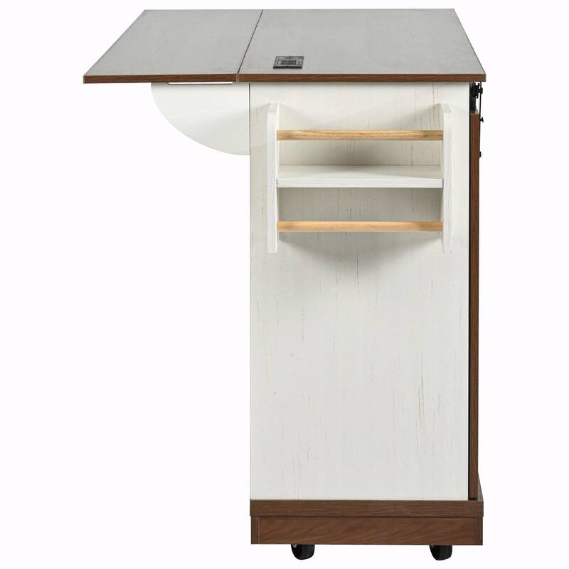 55.5" Farmhouse Kitchen Island with Drop Leaf, Barn Door Storage, Power Outlet