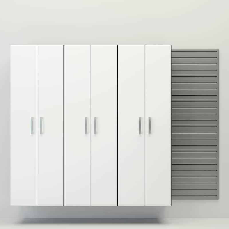 4 Piece Slatwall Panel, Cabinet Storage Set - Silver Slat Wall/ White Cabinet - Silver/White
