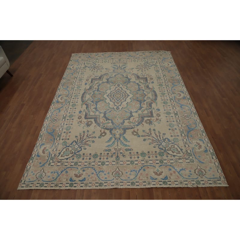 Hand Knotted Oriental 100% Wool Carpet Traditional Floral Beige & Ivories Tabriz Area Rug - 11' 0'' X 7' 10''