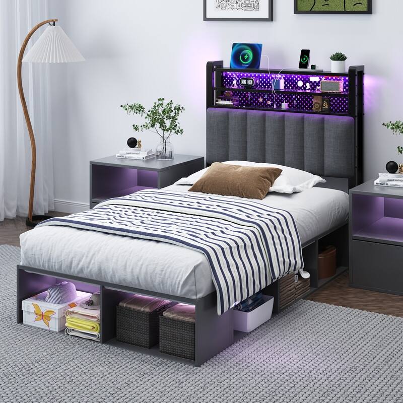 Adjustable Upholstered Headboard with 3 Tier Shelves with Charging Stations and LED Lights, Modern Bed Headboard with Storage