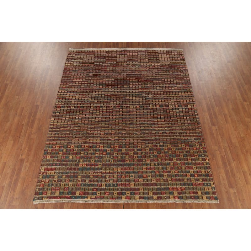 All-Over Checkered Moroccan Modern Area Rug Hand-Knotted Wool Carpet - 7'10"x 10'2"