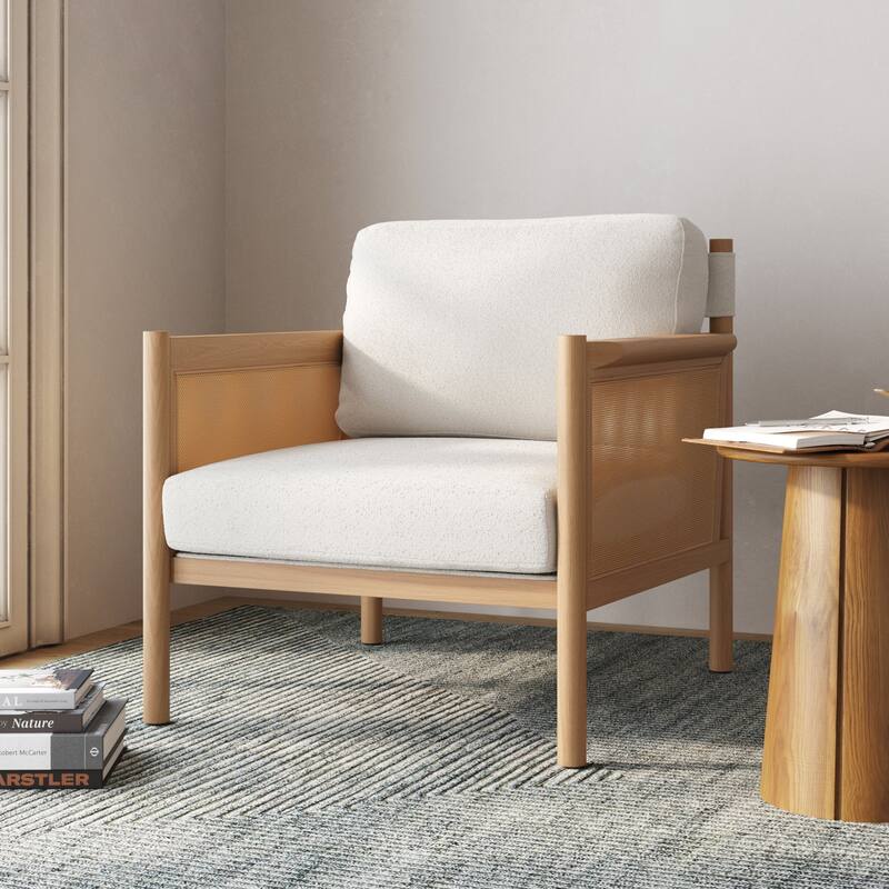 Hemming Upholstered Armchair, Solid Wood Accent Chair with Boucle Upholstery and Faux Rattan Arm Inlay - Single