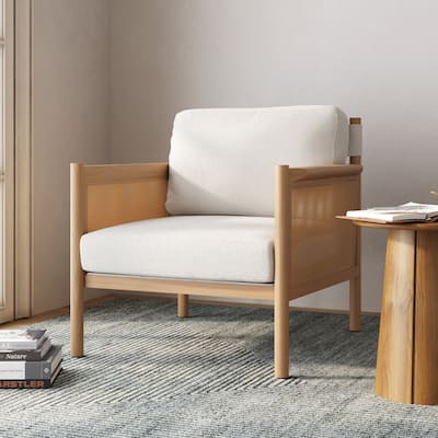 Hemming Upholstered Armchair, Solid Wood Accent Chair with Boucle Upholstery and Faux Rattan Arm Inlay