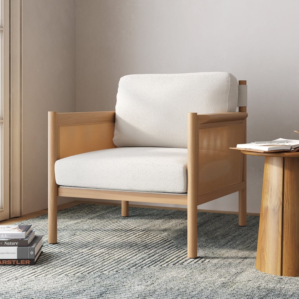 Hemming Upholstered Armchair, Solid Wood Accent Chair with Boucle Upholstery and Faux Rattan Arm Inlay