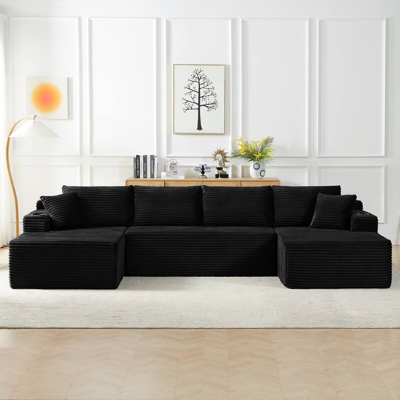Corduroy Upholstery Cloud Modular Sectional Sofa with Chaise and Pillows, All-Foam Compression Design