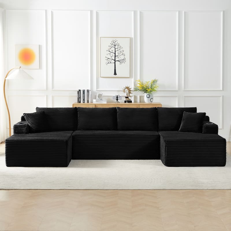 Minimalist Modular Lounge Couch U-shaped Sectional Sofa with Chaise, Corduroy Sleeper Sofa Bed with Side Pockets and Cup Holders