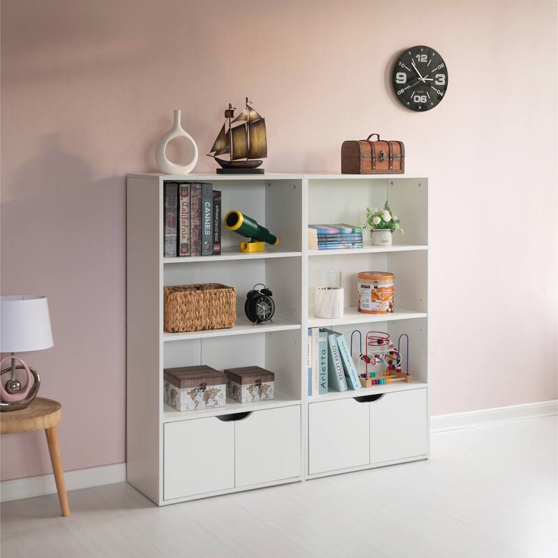 47" White 3 Tier Open Book Shelf with 2 Doors & 1 Adjustable Shelf - Ideal for Home Office, Living Room, Classroom, Study Room