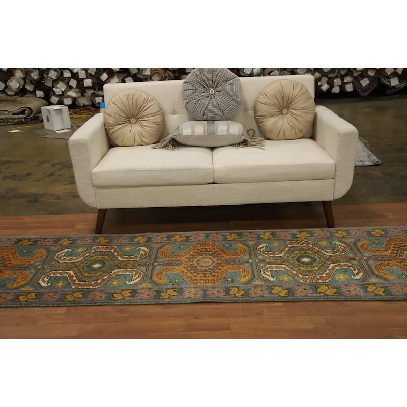 Hand Knotted Oriental 100% Wool Carpet Traditional Geometric Green Kazak Runner Rug - 10' 1'' X 2' 5''