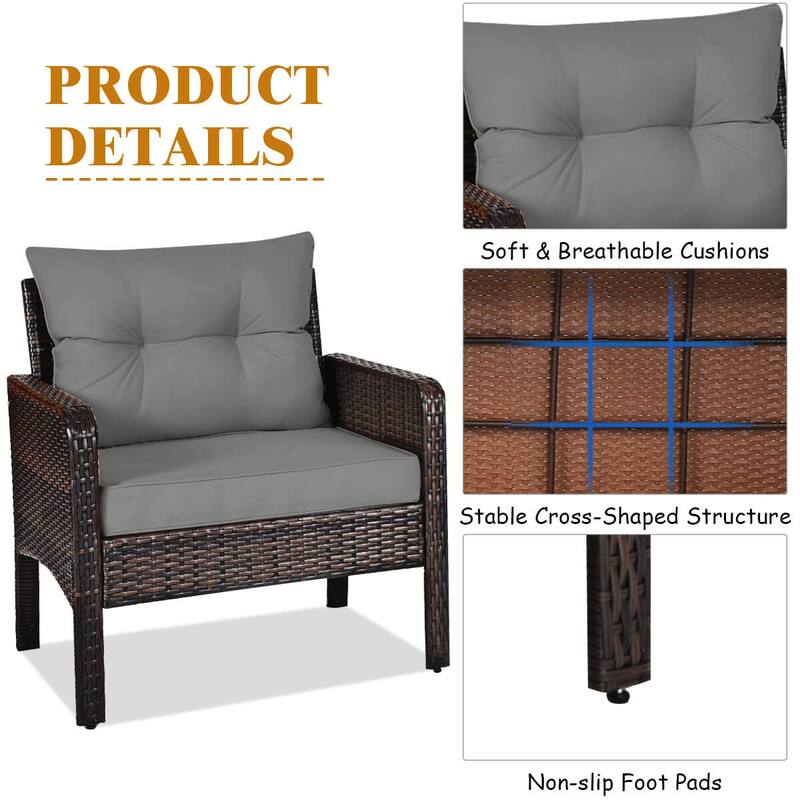 Costway 3 PCS Patio PE Wicker Furniture Set with Cushions and Tempered - See Details