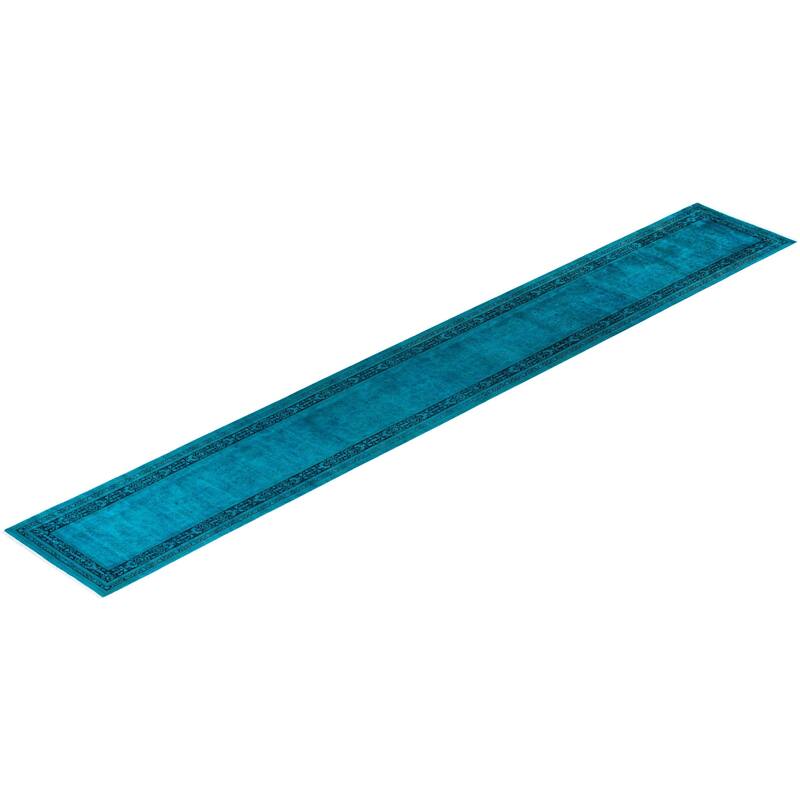 Overton Hand Knotted Wool Vintage Inspired Modern Contemporary Overdyed Blue Runner Rug - 2' 7" x 18' 8"