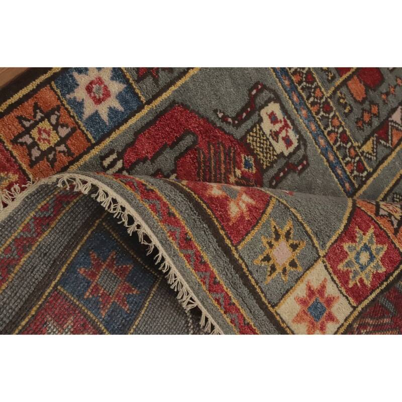 Hand-knotted Traditional Wool Grey Geometric Oriental Area Rug - 10' 1'' X 4' 0''