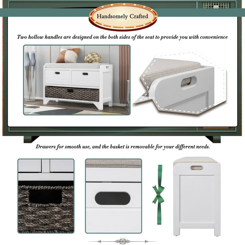 Storage Bench with Removable Basket & Drawers, Fully Assembled Benches Bench with Removable Cushion, for Entryway or Livingroom