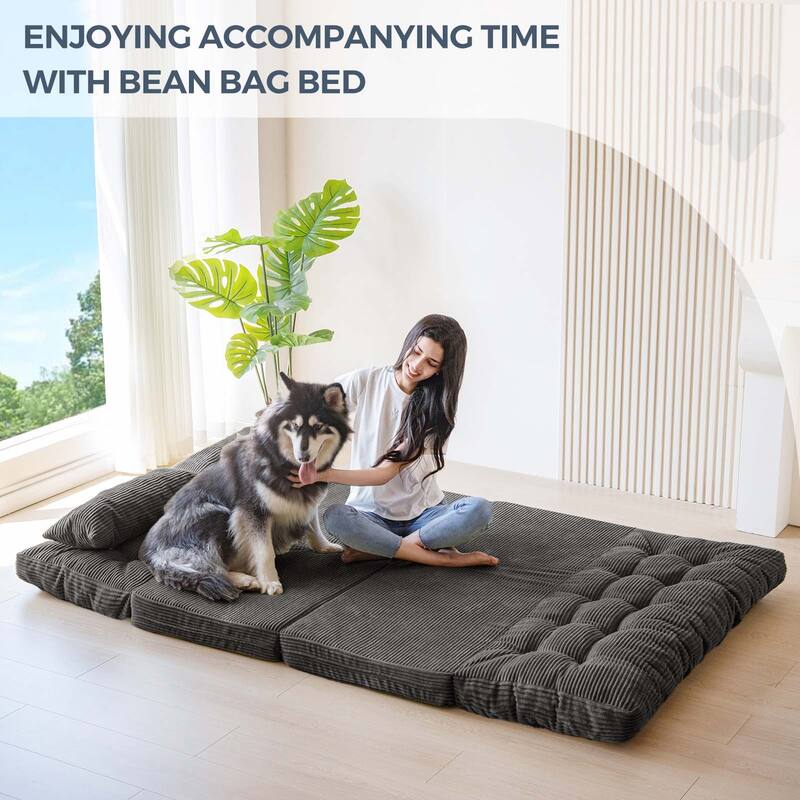 Corduroy Bean Bag Bed Tufted Folding Sofa Bed with Pillows