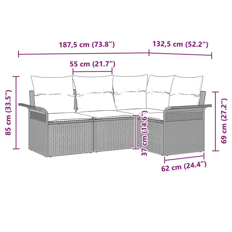 vidaXL 4/5-Seater Garden Sofa with Cushions Black/Brown/Grey Poly Rattan - 52.2 x 73.8 x 27.2