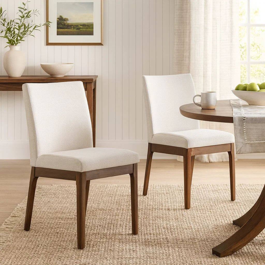Jimi Dining Side Chair Set of 2, Light Beige Fabric, Brown Wood Legs