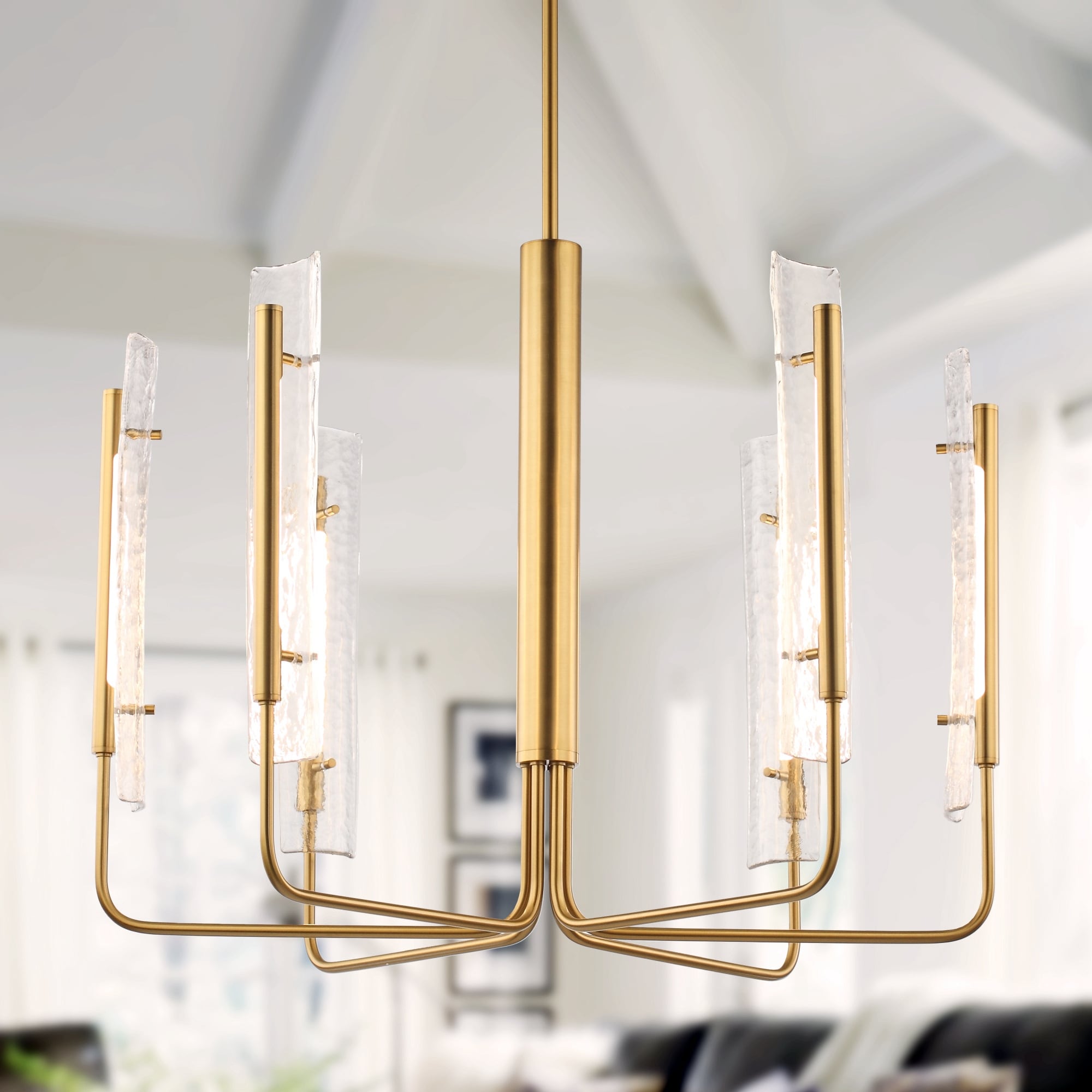 34" Modern Gold 6-Light Art Glass LED Chandelier Adjustable Hanging Light for Dining Room