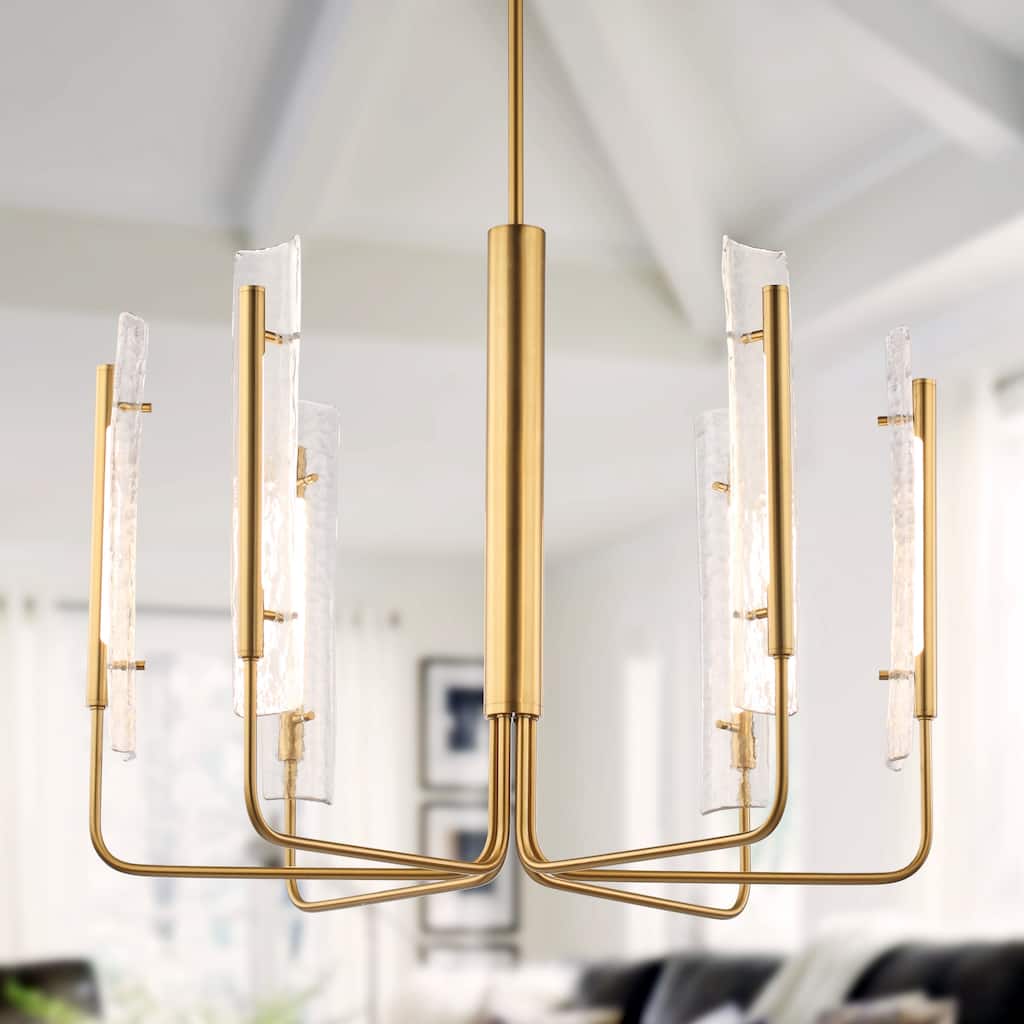 34" Modern Gold 6-Light Art Glass LED Chandelier Adjustable Hanging Light for Dining Room