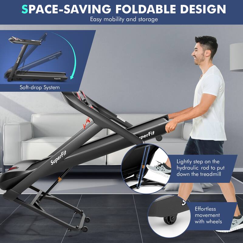 SuperFit 4.75HP Folding Treadmill w/Preset Programs Touch Screen - 64'' x 30'' x 45''