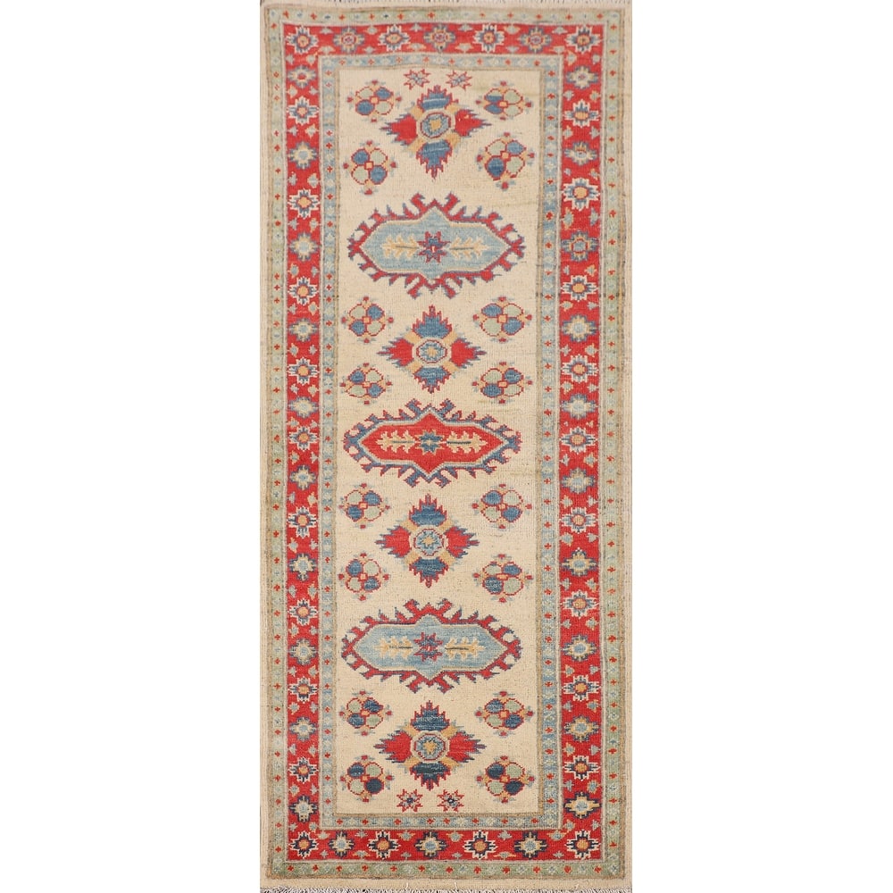 Geometric Kazak Oriental Runner Rug Handmade Wool Carpet - 2'3" x 6'0"