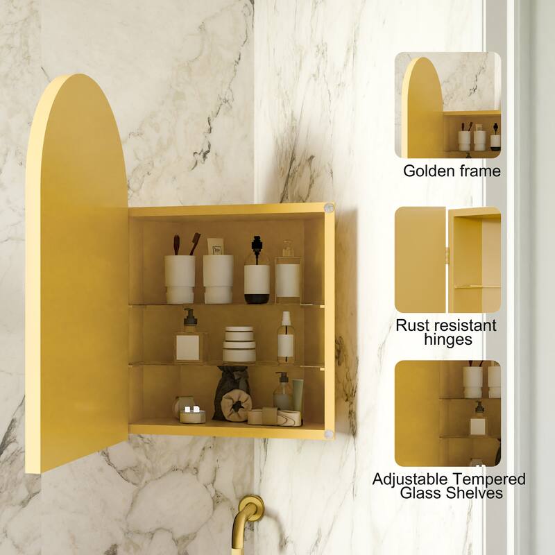 18x24 Inch Metal Corner Medicine Cabinet with Arched Mirror, Adjustable Glass Shelves, Space-Saving Bathroom Storage