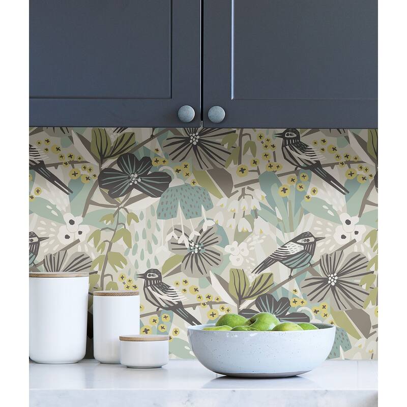 Pip & Lo Grey Aqua Jaybird Peel & Stick Wallpaper