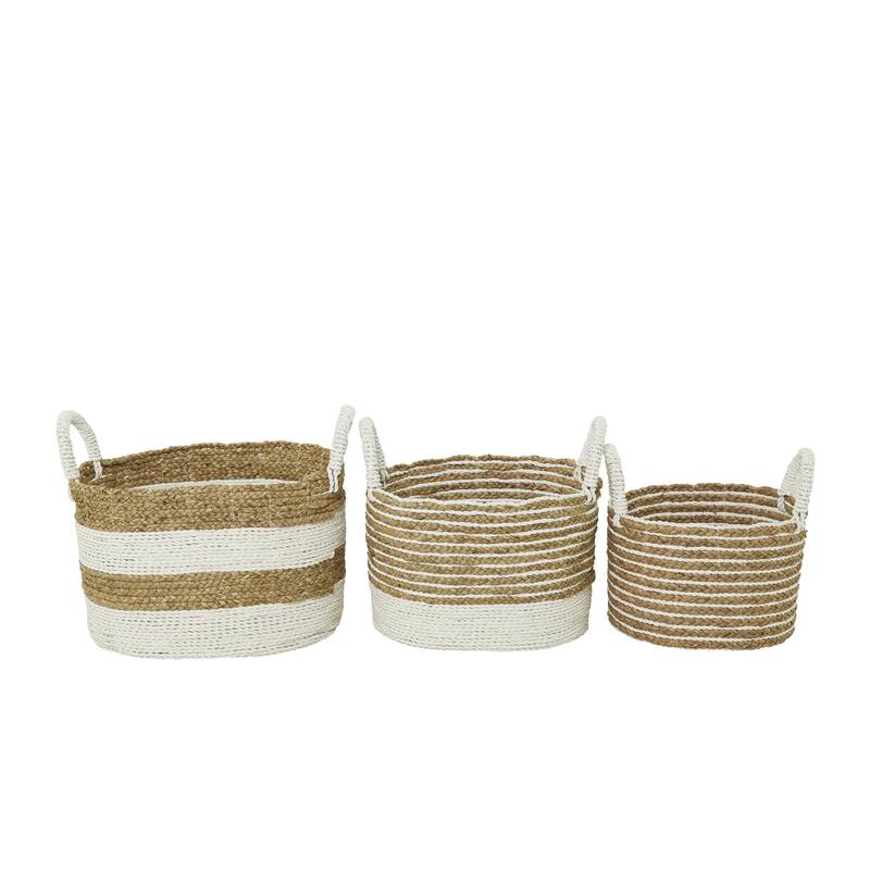 Seagrass Handmade Two Toned Storage Basket with Handles - Set of 3 Brown - CosmoLiving by Cosmopolitan