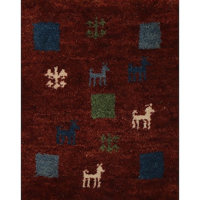 Hand Knotted Oriental 100% Wool Carpet Tribal Animal Pictorial Oranges & Rust Gabbeh Area Rug - 1' 4'' X 1' 4''