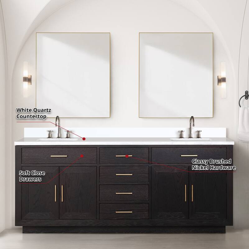 Abbey 60 in W x 22 in D Black Oak Double Bath Vanity, White Quartz Top, Faucet Set, and 28 in Mirrors