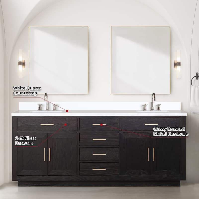 Abbey 60 in W x 22 in D Black Oak Double Bath Vanity, White Quartz Top, and 28 in Mirrors
