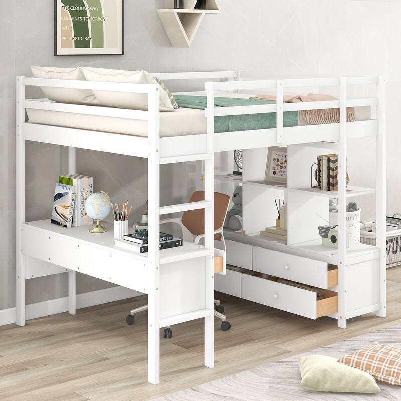 Full Size Wooden Loft Bed with Built-in Desk with Two Drawers, and Storage Shelves and Drawers For Kids