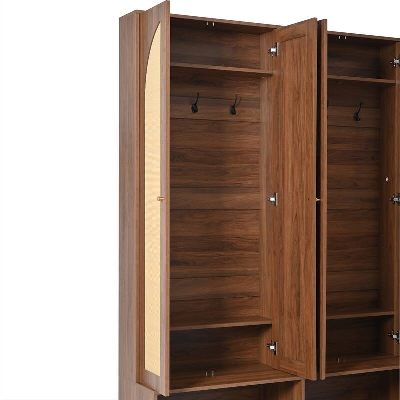 Farmhouse Hall Tree with Rattan Doors, Versatile 4-In-1 Seating Bench with 6 Hooks, Entryway Shoe Cabinet with Shelf