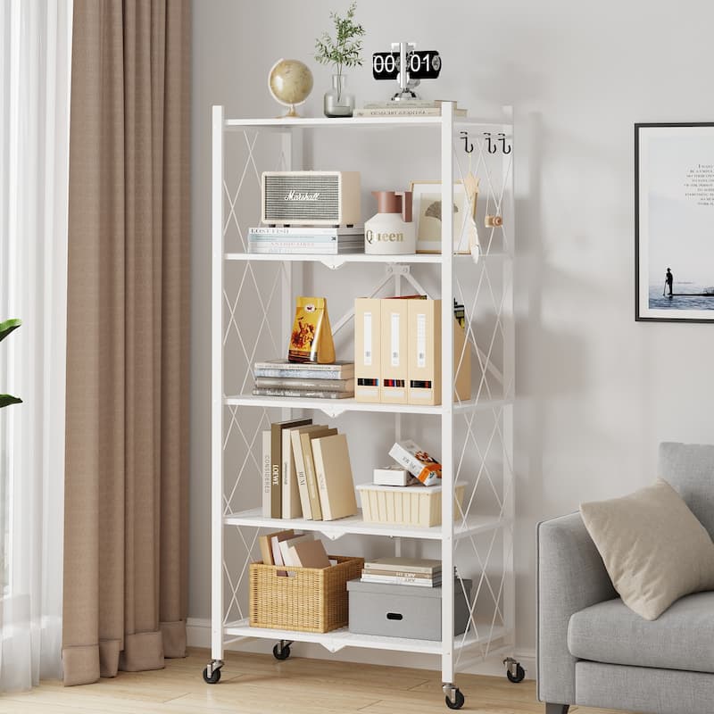 5-Tier Foldable Storage Shelving Unit, Heavy Duty Metal Kitchen Shelf with 3 Hooks