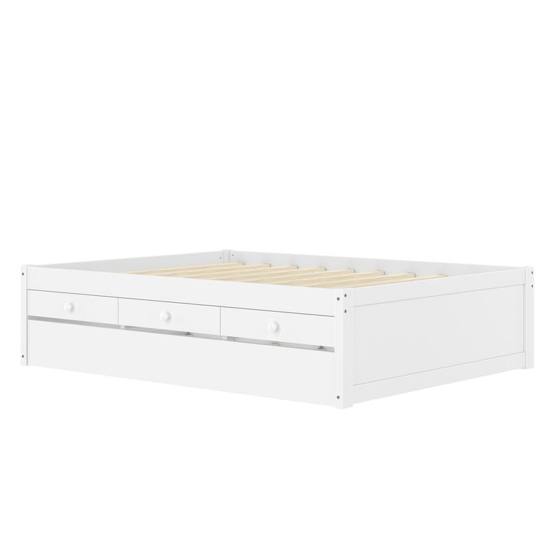 Platform Bed with Pull-out Trundle and Dual Storage Drawers, Built-in Power Strip, Wooden Bed Frame, No Box Spring Needed