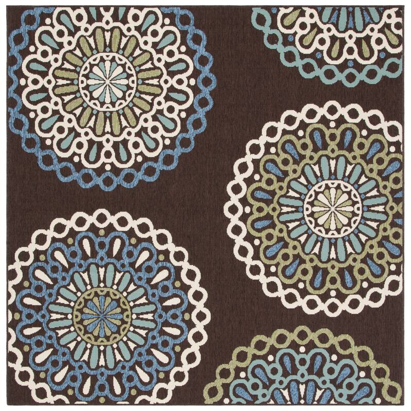 SAFAVIEH Veranda Felizitas Geometric Medallion Indoor/Outdoor Area Rug - 6'7" x 6'7" Square - Chocolate/Blue