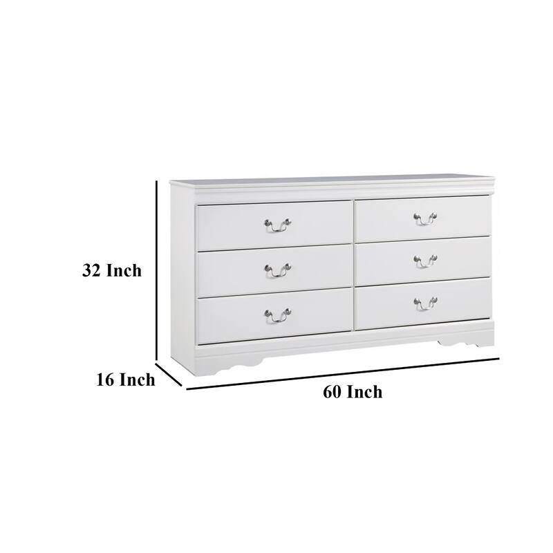 Roso Wide Dresser, Classic White, 6 Drawers w Pewter Metal Handles